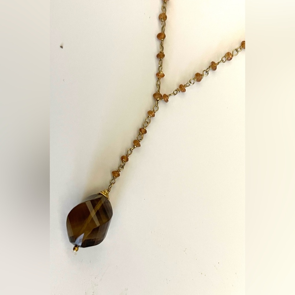 Solid Italian 18k Gold Stamped Natural Smoky Topaz Pendant Handmade Necklace